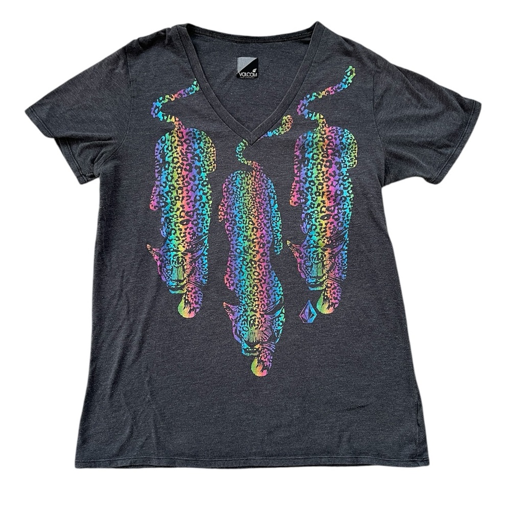 VTG Volcom | V-Neck TShirt with Metallic Rainbow Panthers | Dark Grey | Size M